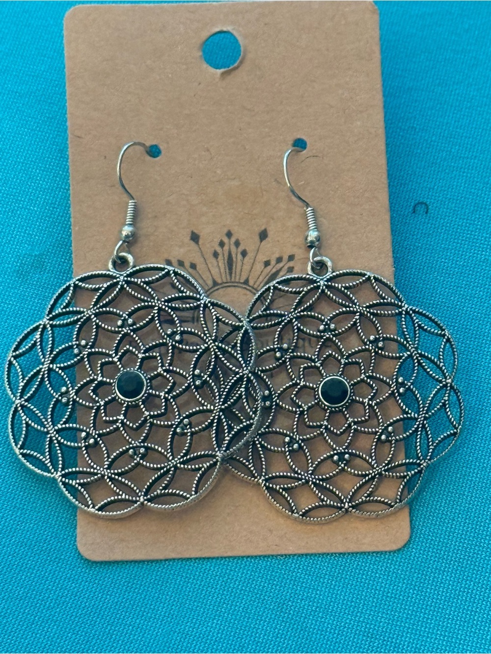 Silver Filigree Drop Earrings with Black Accent